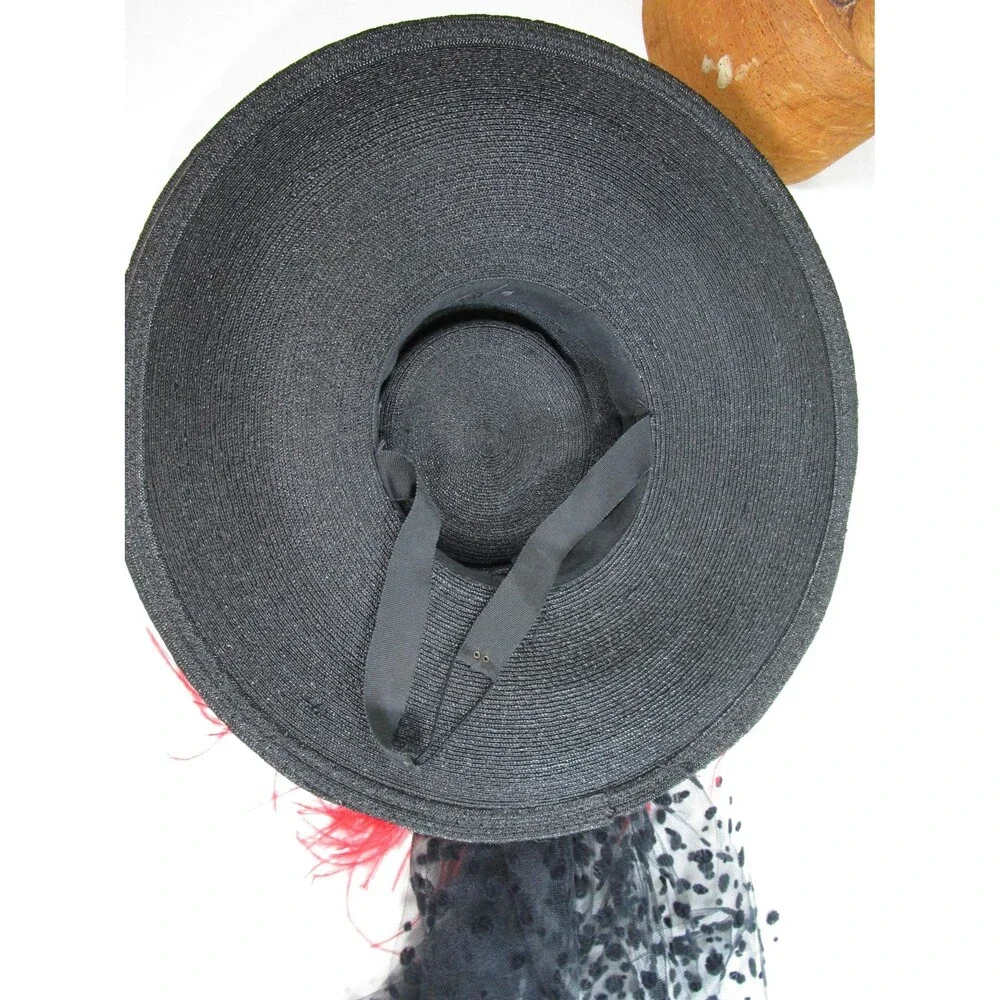 Vintage Wide Brim Hat Black Lace Ostrich Feathers Red Rose Embellishment